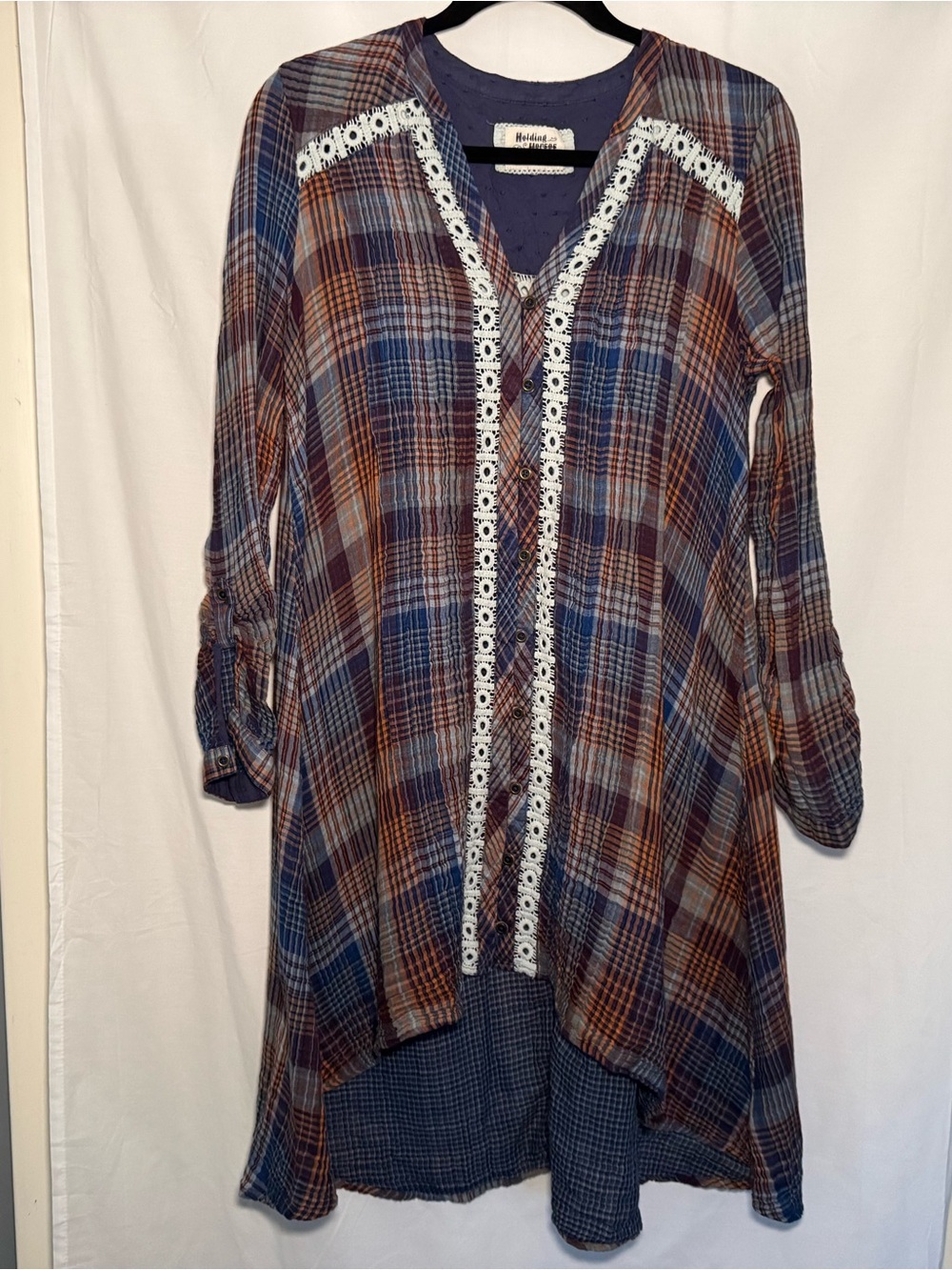 Anthropologie Holding Horses Abita Plaid Lace High Low Shirt Dress Size Medium